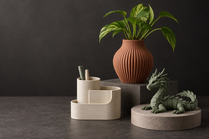 Vaso terracota, organizador marfim e dragão verde: exemplos ilustrativos de impressão 3D